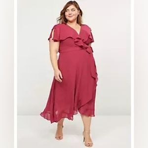 Flutter sleeve faux wrap midi dress